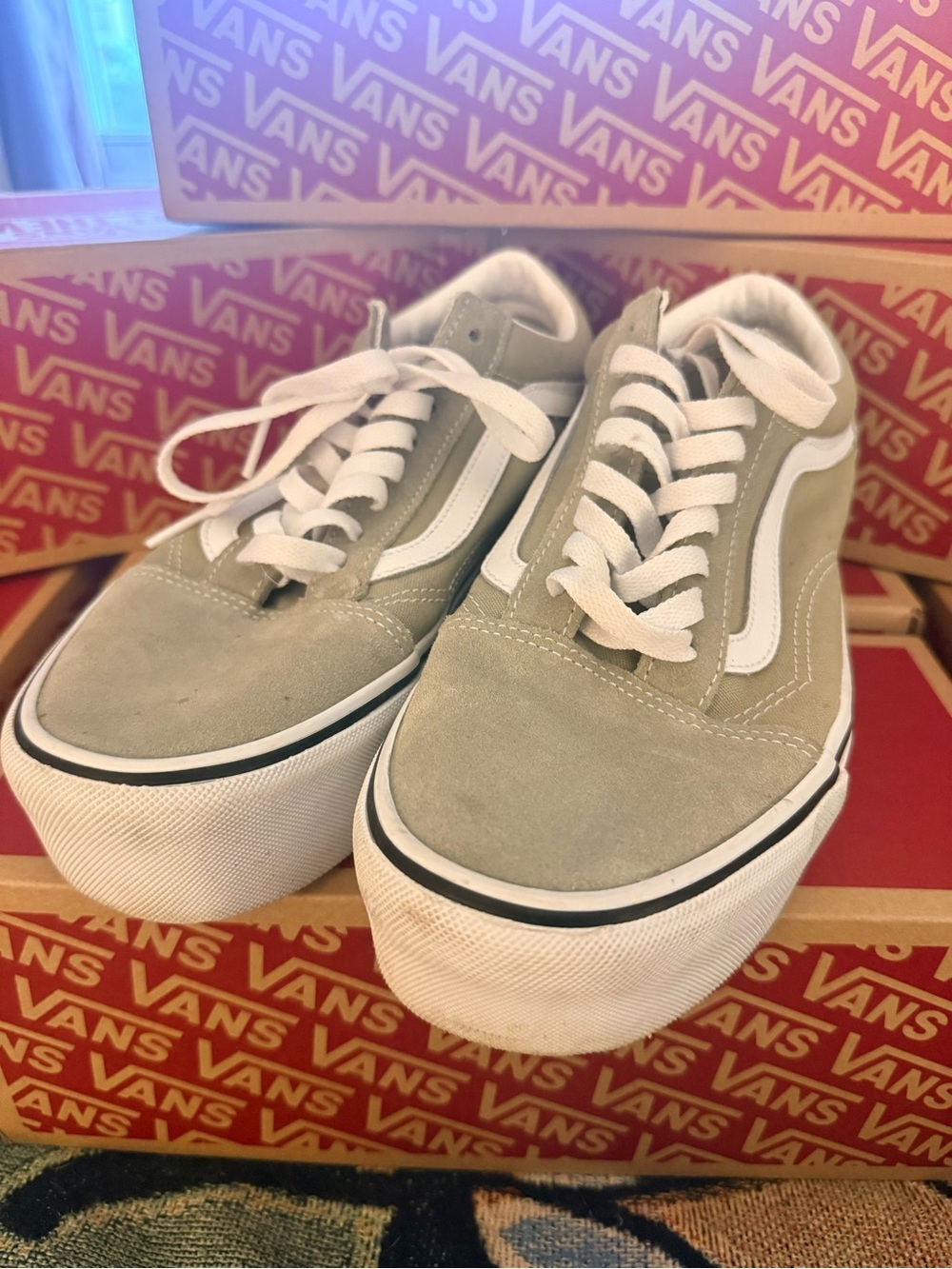 Vans Platform Old Skool Sneakers in Pale Olive Green and White Women 9.5/Men 8